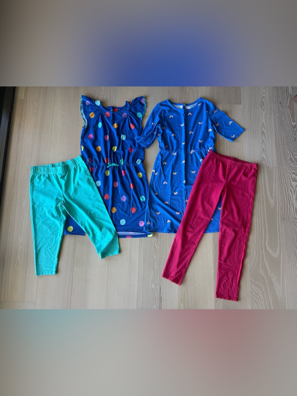 Girls' Blue Polka Dot & Rainbow Jersey Dress Set with Teal and Magenta Leggings